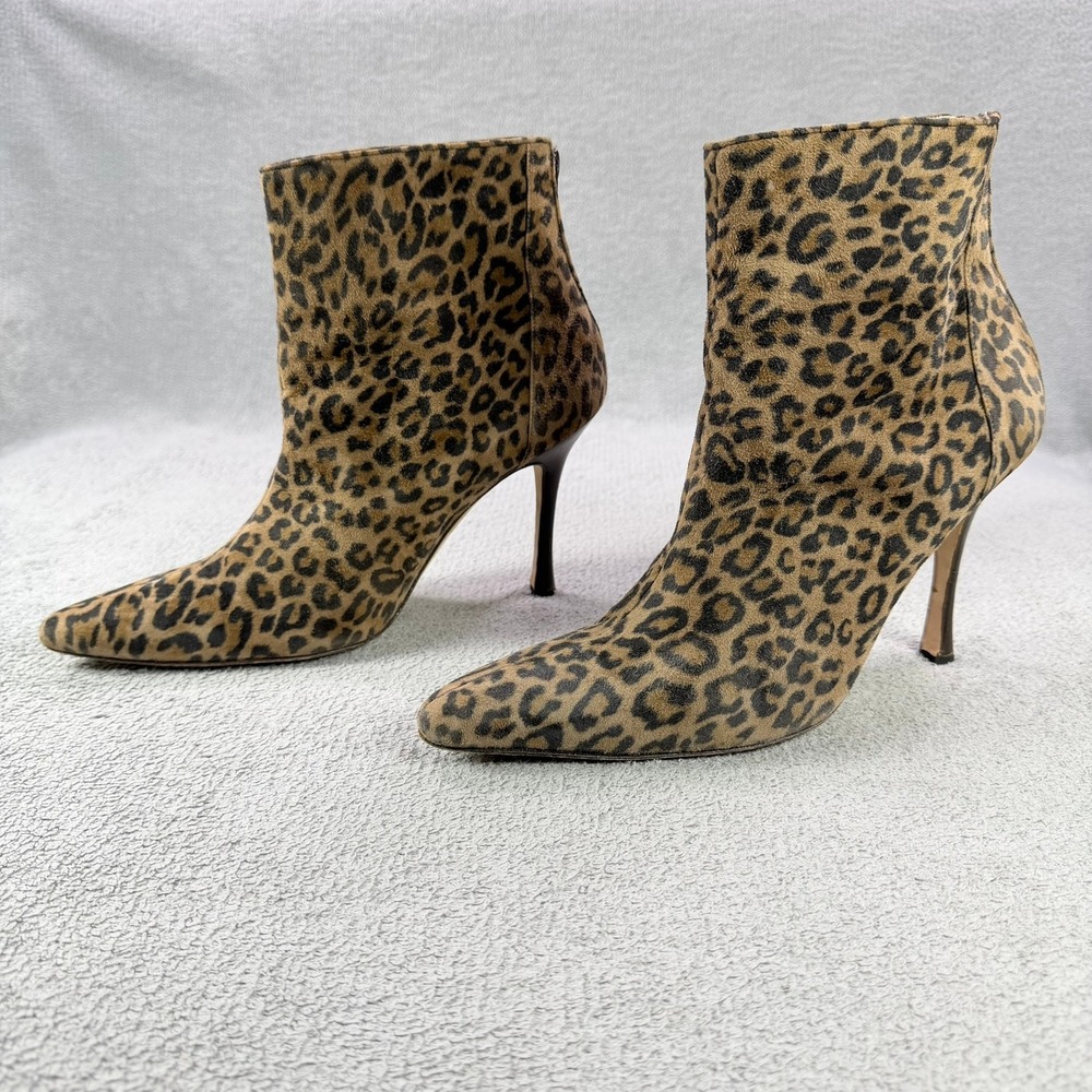 Manolo Blahnik Womens 39 Brown Leopard Nubuck Stiletto Pointed Toe Ankle Boots